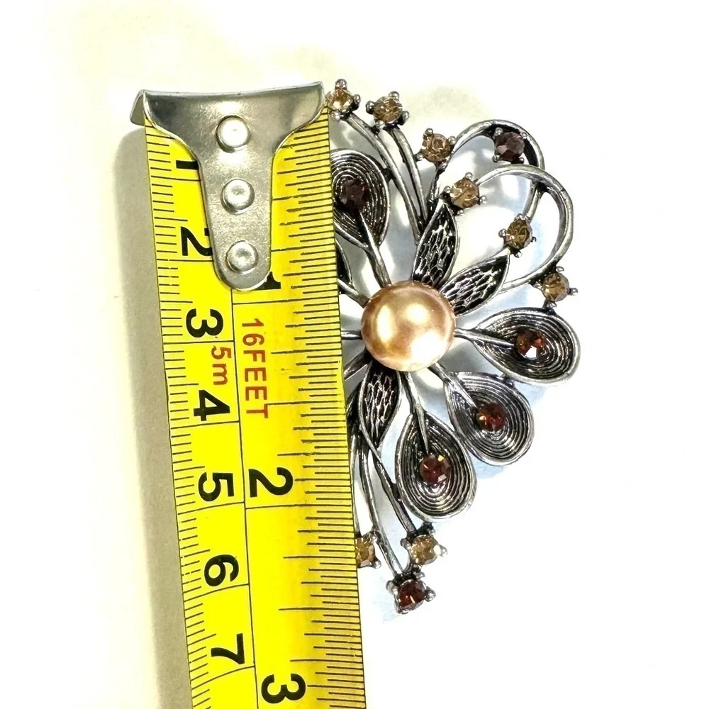 Vintage Floral Brooch Pin Pendant Champagne Amber Rhinestone Rose Gold Center